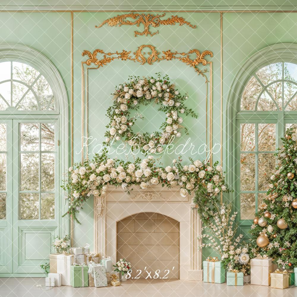 Kate Christmas Tree Floral Fireplace Green Window Backdrop Designed by Emetselch