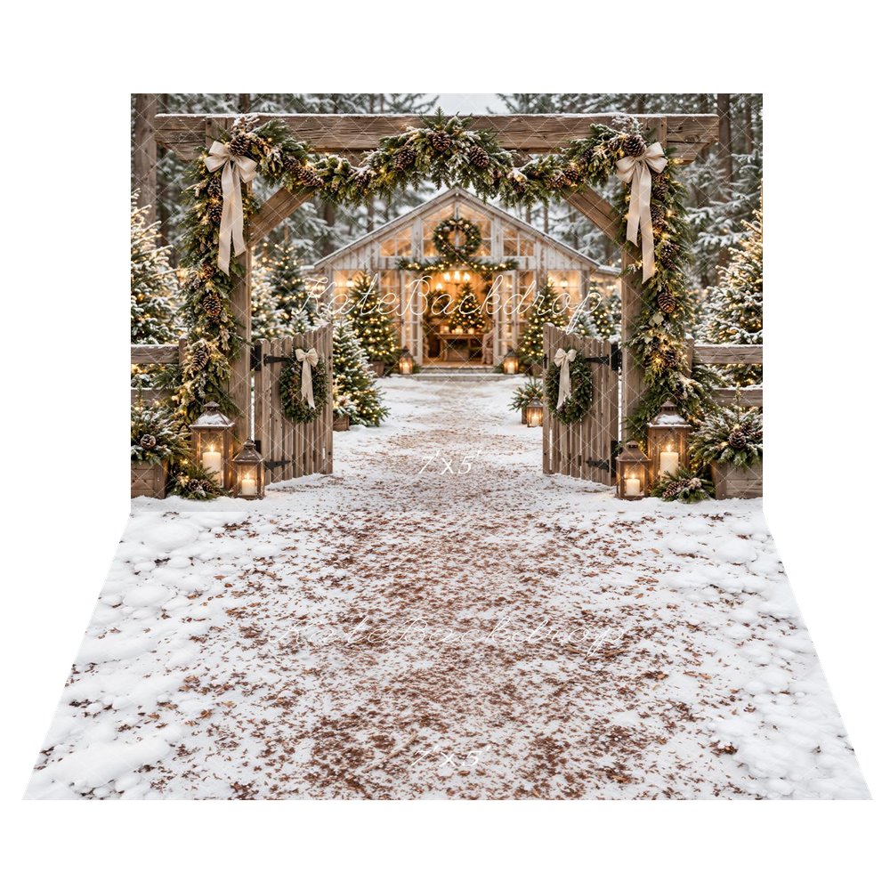 Kate Christmas Snowy Cabin Garland Gate Printed Backdrop+Winter White Snowy Floor Printed Backdrop