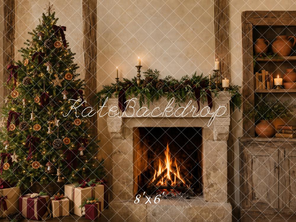 Kate Christmas Rustic Fireplace Tree Cabinet Printed Backdrop Designed by Vertigo Productions
