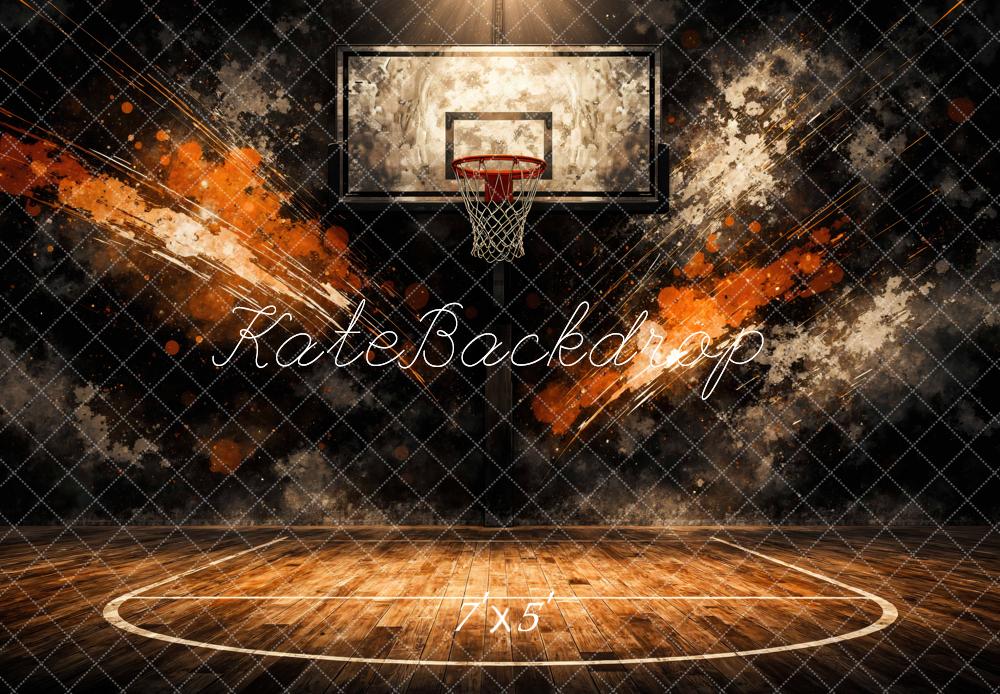 Kate Sports Basketball Court Hoop Orange Splash Backdrop Designed by Mini MakeBelieve