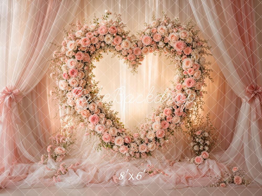Kate Valentines Heart Flower Wreath Pink Roses Sheer Drapes Printed Backdrop Designed by Emetselch