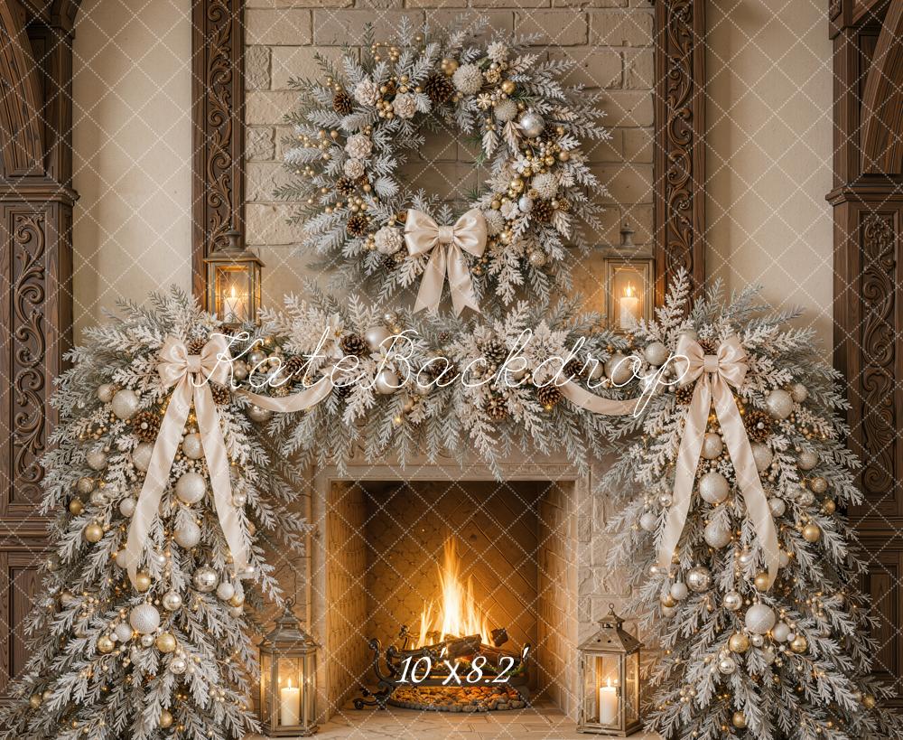 Kate Christmas Fireplace Wreath Garland Lanterns Printed Backdrop Designed by Emetselch