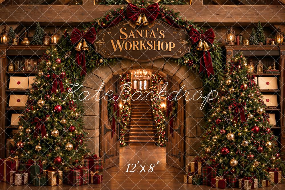 Kate Christmas Santa's Workshop Trees Staircase Gift Printed Backdrop Designed by Emetselch