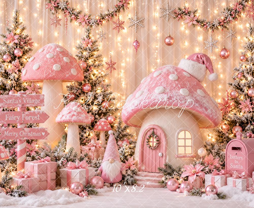 Kate Christmas Pink Mushroom Fairy Forest Cottage Snowy Printed Backdrop Designed by Ashley Paul