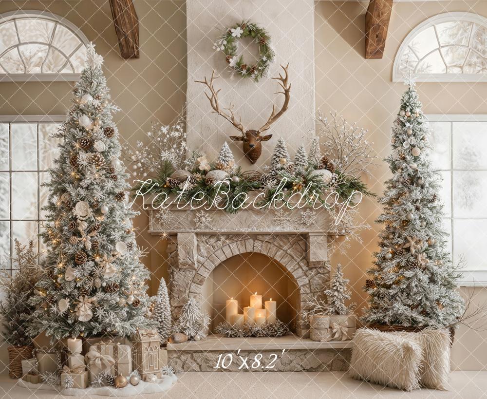 Kate Christmas Rustic Fireplace Antlers Snowy Trees Candles Backdrop Designed by Emetselch