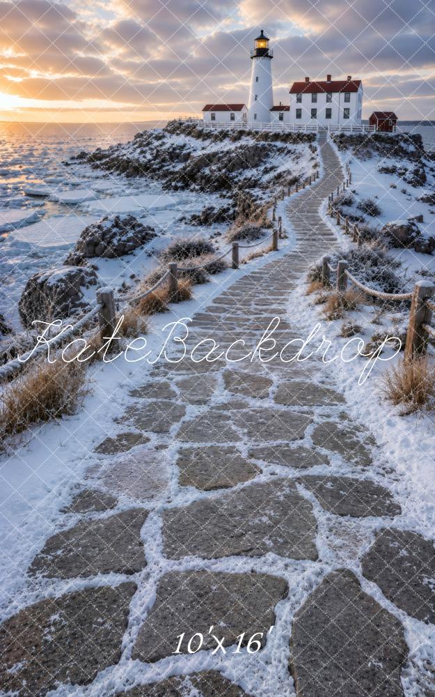 Kate Sweep Winter Snowy Lighthouse Coastal Stone Path Printed Backdrop Designed by Vertigo Productions