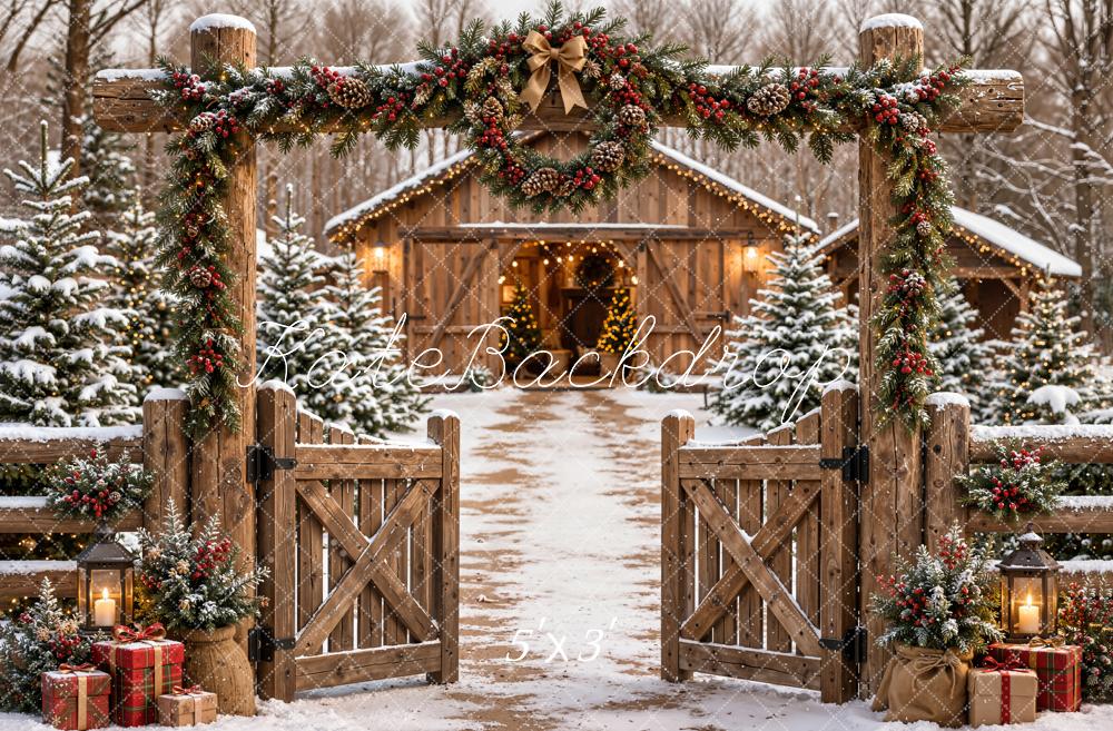 Kate Christmas Garland Rustic Gate Snowy Cabin Path Printed Backdrop Designed by Emetselch
