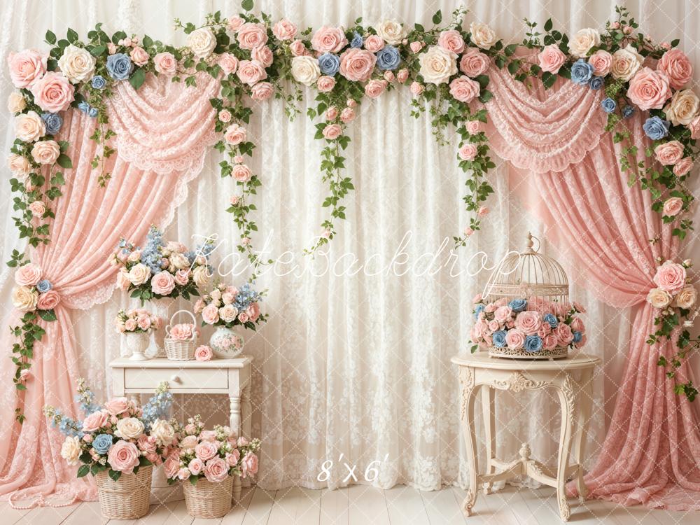Kate Mother's Day Flower Arch Pink Roses Birdcage Lace Curtains Backdrop Designed by Emetselch