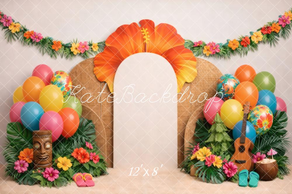 Kate Summer Party Tropical Flower Arch Balloons Tiki Hibiscus Printed Backdrop Designed by Vertigo Productions