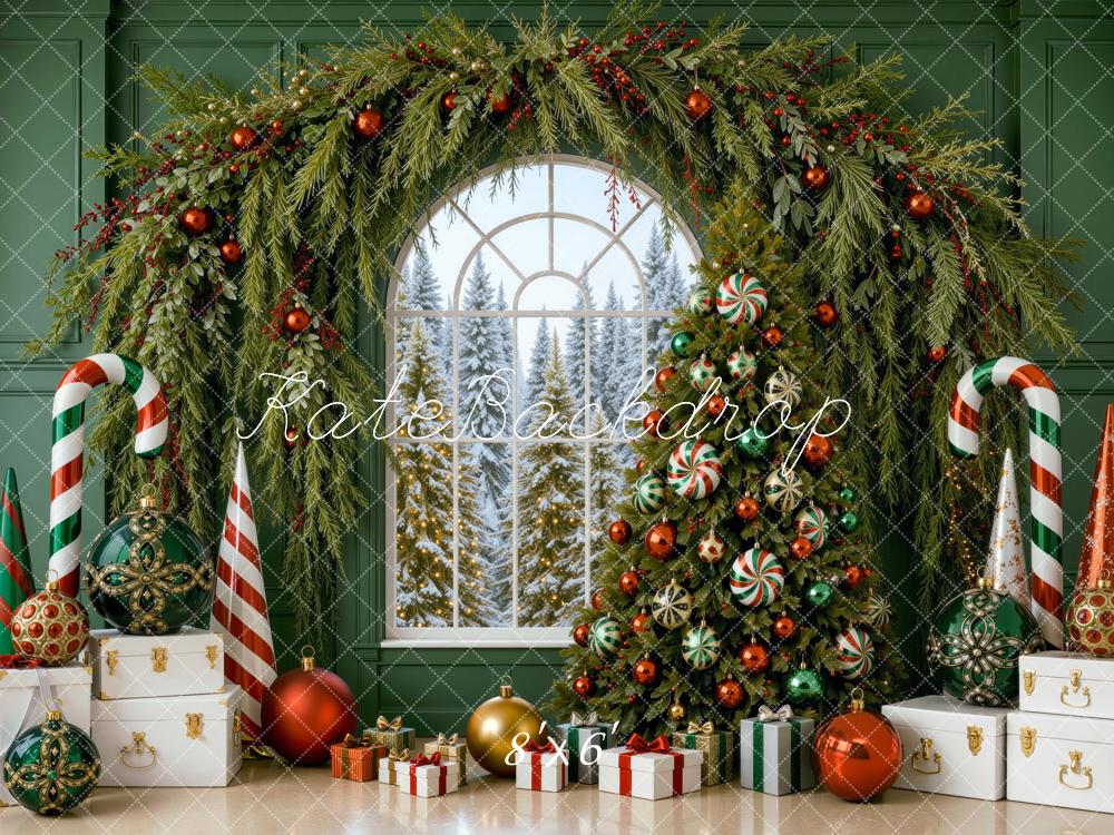 Kate Christmas Tree Garland Arch Candy Canes Green Wall Printed Backdrop Designed by Mini MakeBelieve
