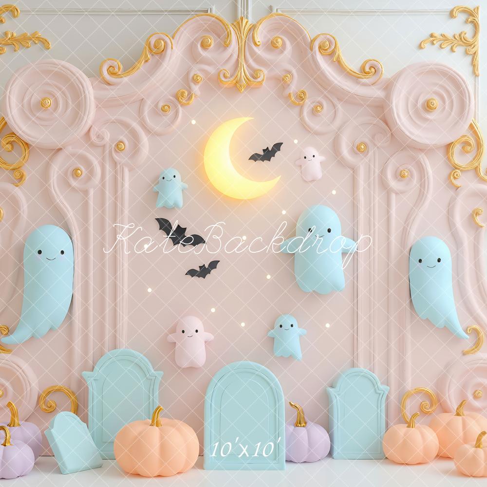 Kate Halloween Pastel Ghosts Moon Pumpkins Ornate Frame Backdrop Designed by Mini MakeBelieve