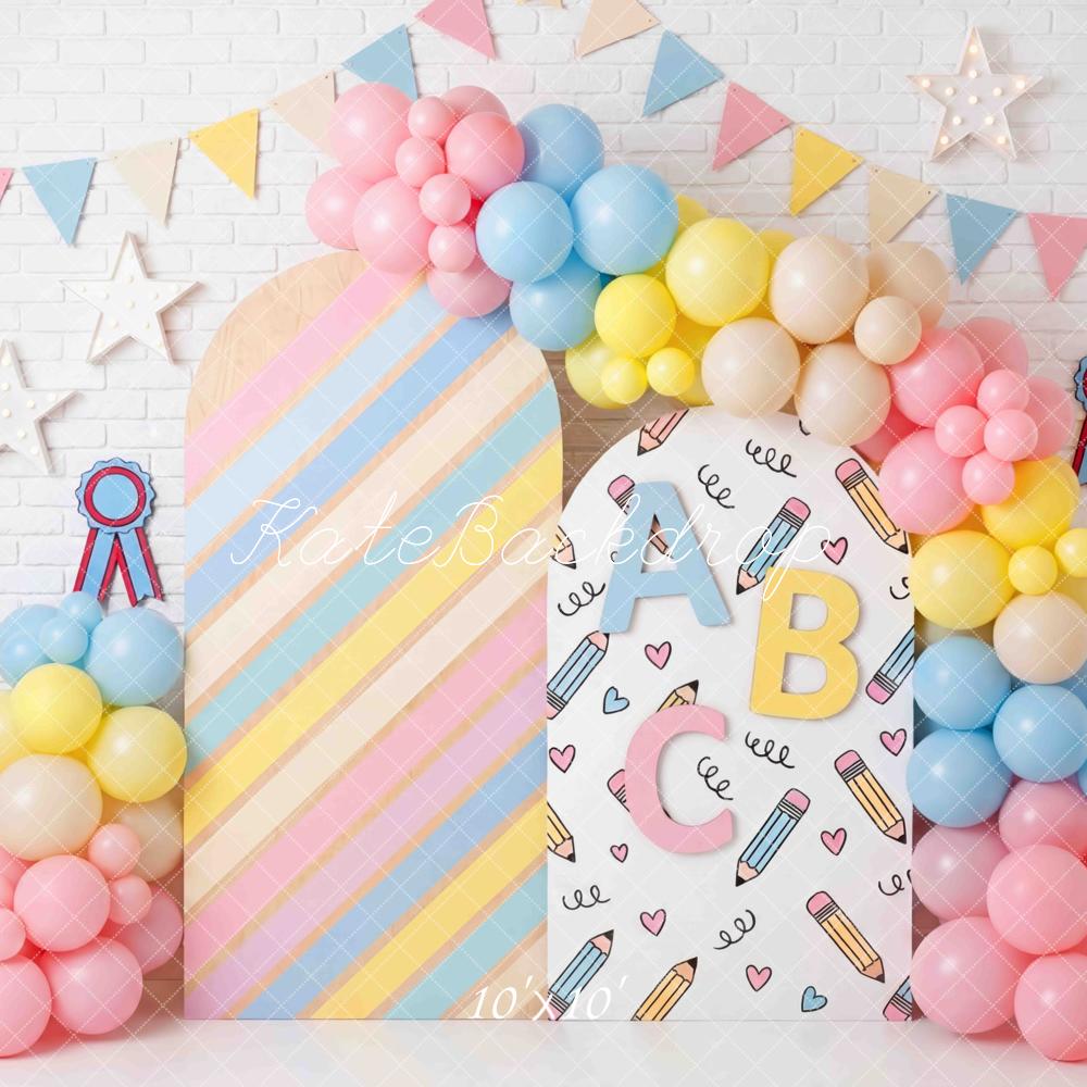 Kate Back to School ABC Balloons Pastel Stripes Printed Backdrop Designed by Mini MakeBelieve