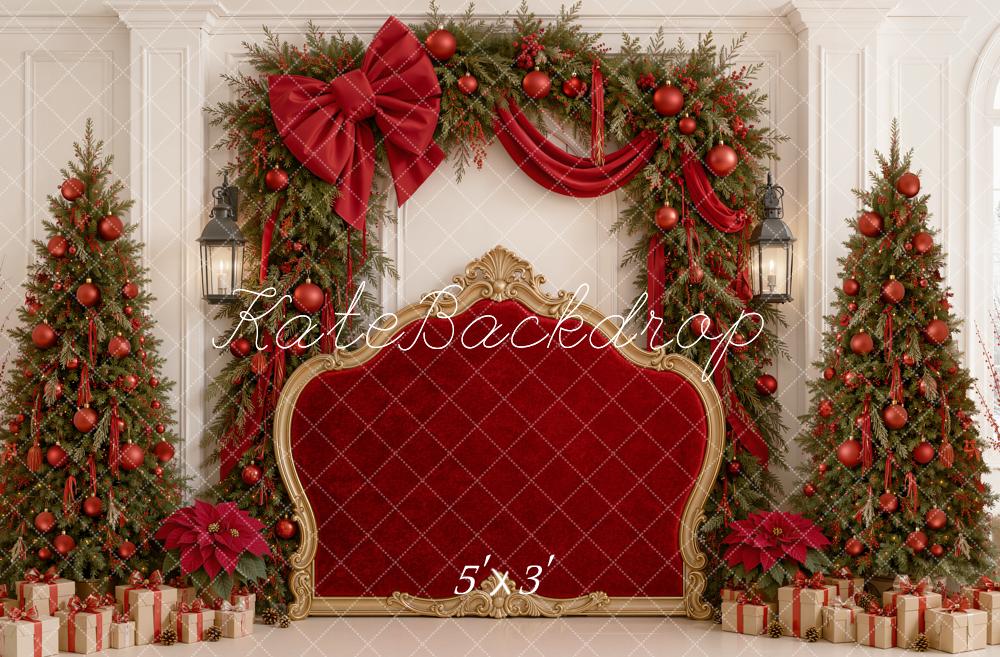 Kate Christmas Headboard Red Velvet Bow Garland Trees Printed Backdrop Designed by Emetselch