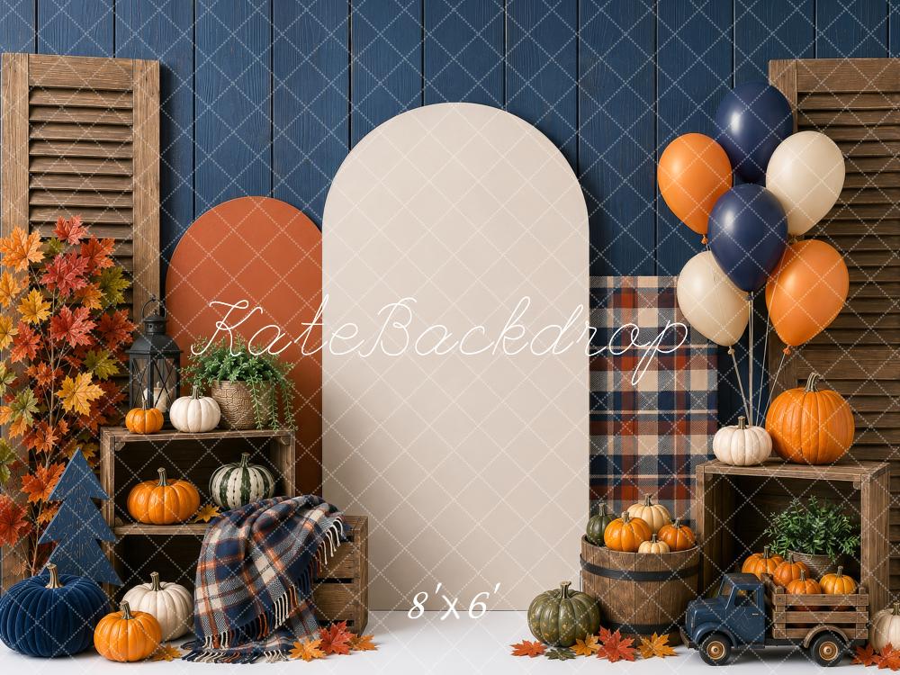 Kate Fall Cake Smash Blue Plaid Pumpkin Balloon Arch Truck Printed Backdrop Designed by Shutter Swan Studios