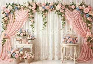 Kate Mother's Day Flower Arch Pink Roses Birdcage Lace Curtains Printed Backdrop Designed by Emetselch