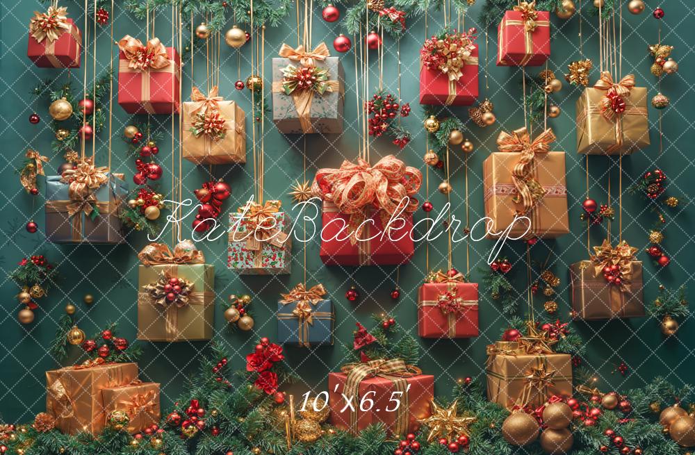 Kate Christmas Hanging Gift Boxes Garland Green Backdrop Designed by Emetselch