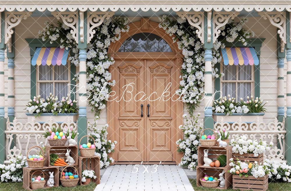 Kate Easter Bunny Eggs Floral Porch Printed Backdrop Designed by Mini MakeBelieve