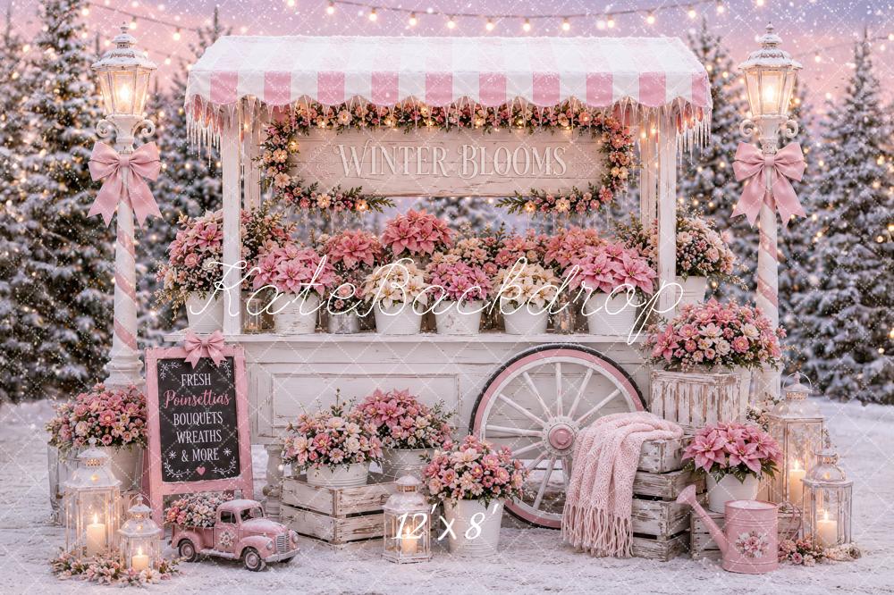 Kate Christmas Winter Pink Flower Cart Snowy Printed Backdrop Designed by Ashley Paul