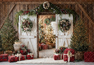 Kate Christmas Barn Doors Pine Trees Plaid Gifts Rustic Printed Backdrop Designed by Emetselch