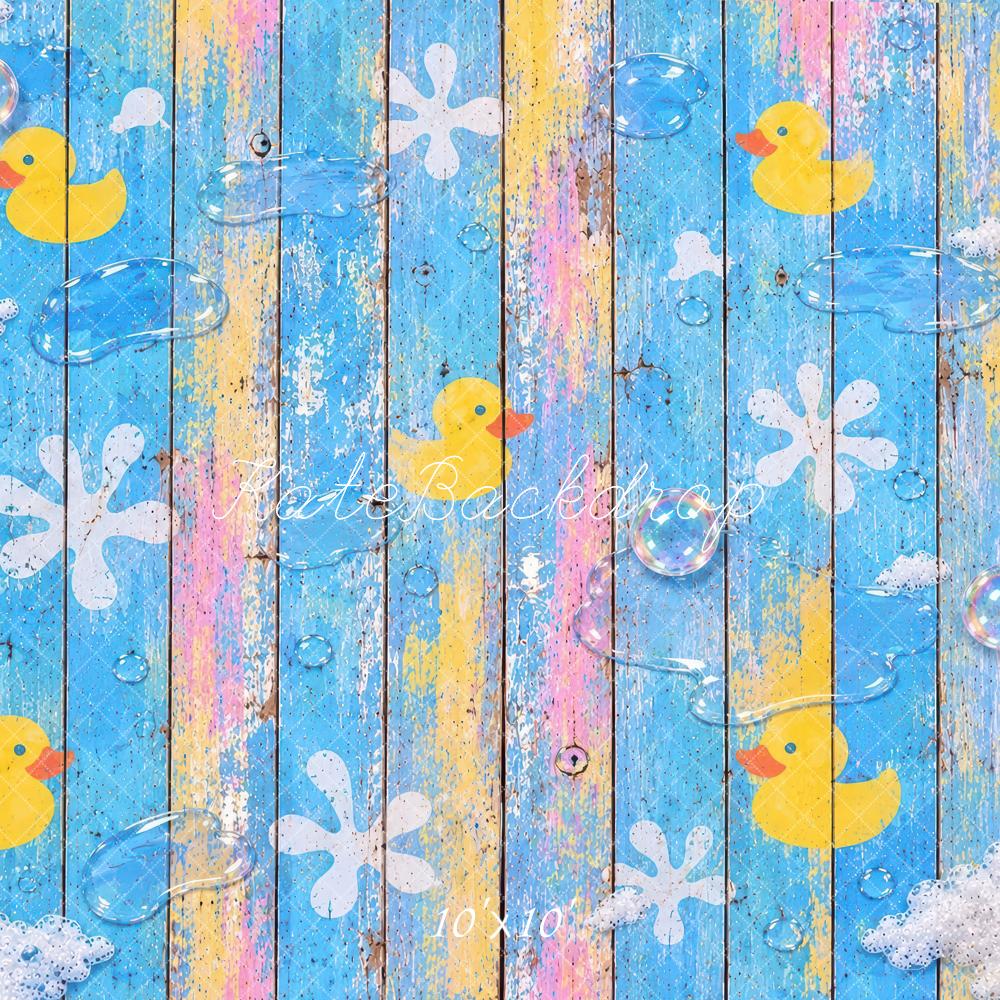 Kate Blue Rubber Duck Bubbles Wood Plank Floor Printed Backdrop Designed by Laura Bybee