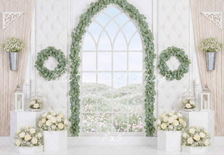Kate Flower Arch Wreaths Window White Roses Printed Backdrop Designed by Mini MakeBelieve