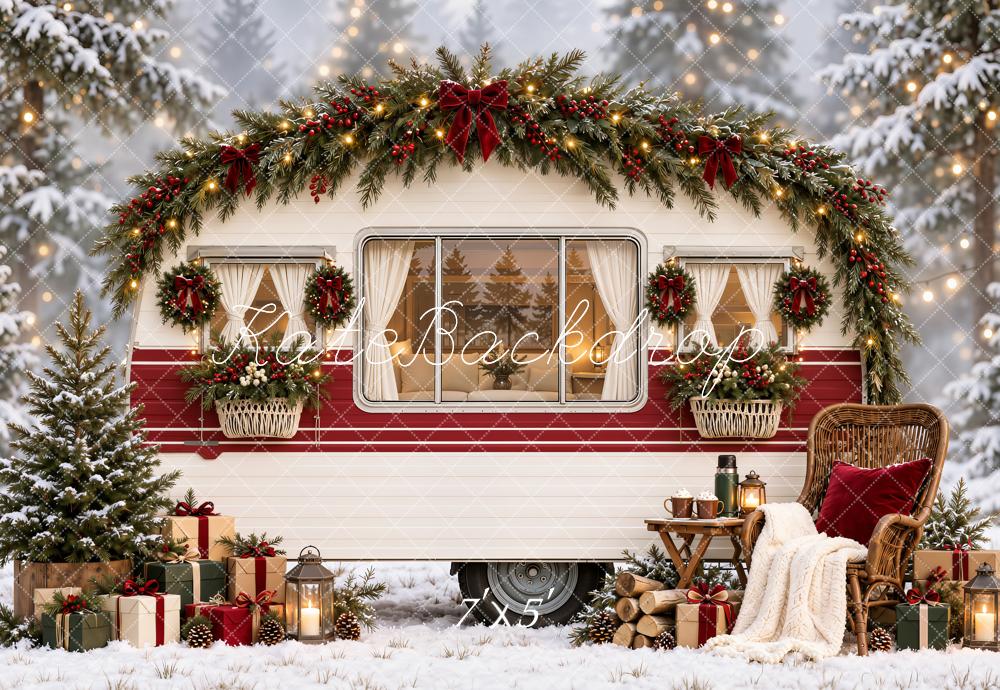 Kate Christmas Camper Snowy Forest Garland Tree Chair Printed Backdrop Designed by Emetselch