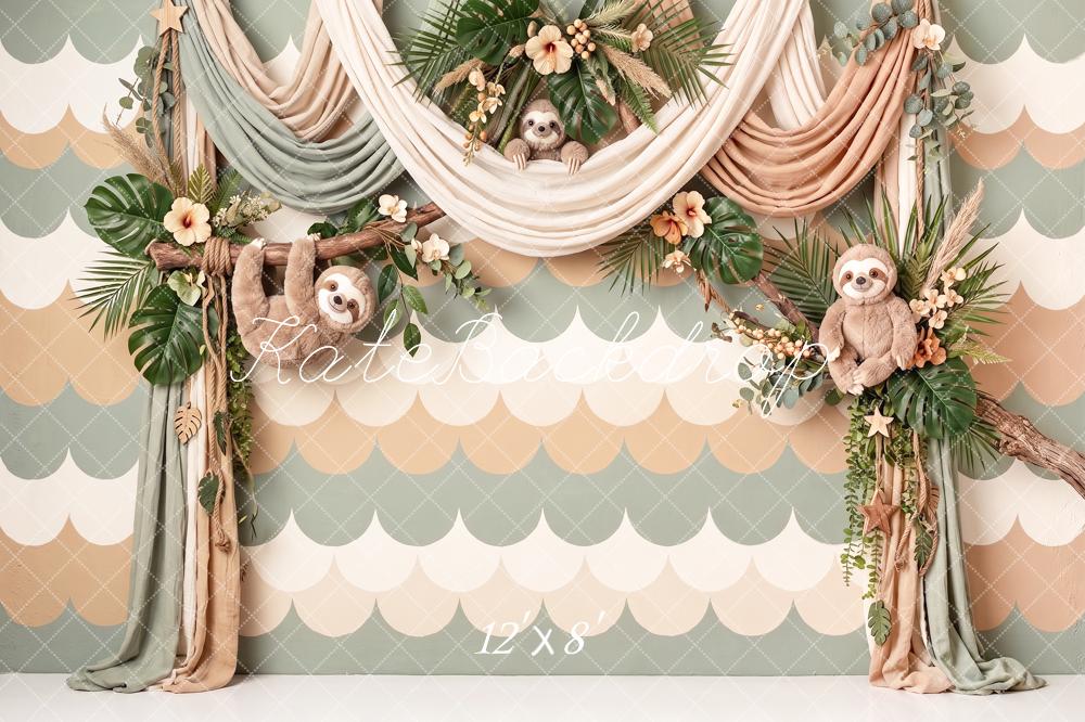 Kate Cake Smash Jungle Sloth Floral Drapery Printed Backdrop Designed by Angela Miller