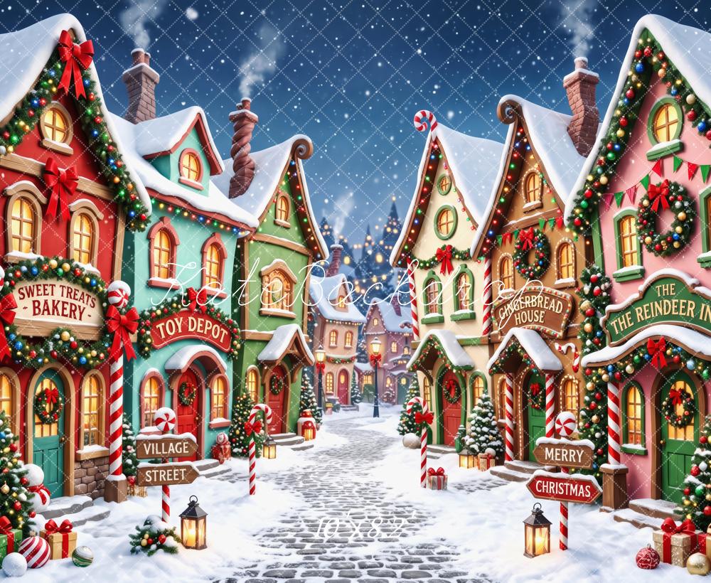 Kate Christmas Whimsical Snowy Village Street Candy Cane Garland Printed Backdrop Designed by Patty Roberts