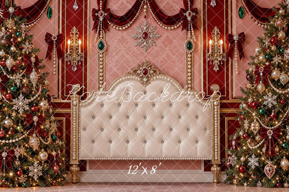 Kate Christmas Headboard Tufted Ornate Jewel Christmas Trees Printed Backdrop Designed by Shutter Swan Studios