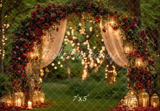 Kate Spring Flower Arch Red Roses Lanterns Forest Printed Backdrop Designed by Emetselch