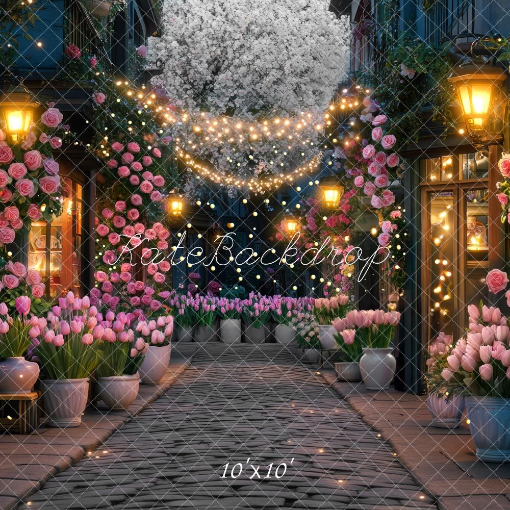 Kate Spring Night Village Floral Street Lanterns Backdrop Designed by Mini MakeBelieve