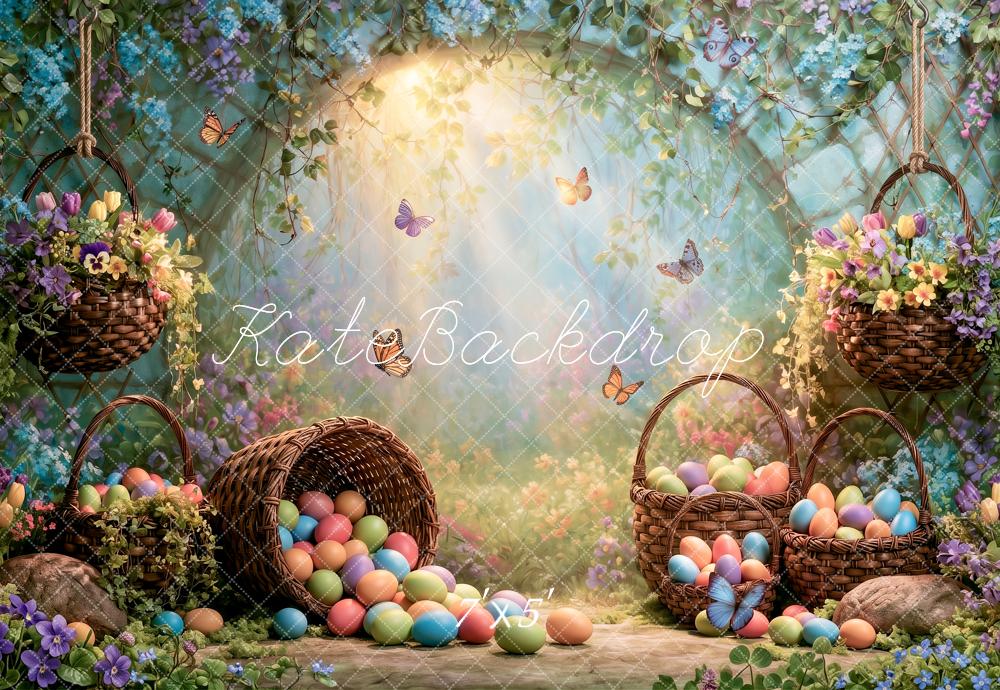 Kate Easter Fairy Forest Egg Basket Butterfly Floral Arch Printed Backdrop Designed by Angela Miller