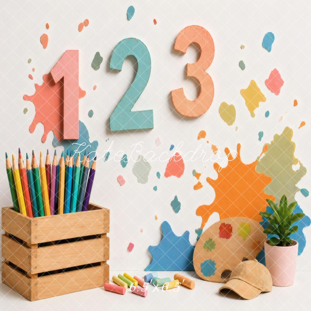 Kate Back To School Numbers Paint Splash Art Supplies Printed Backdrop Designed by Vertigo Productions