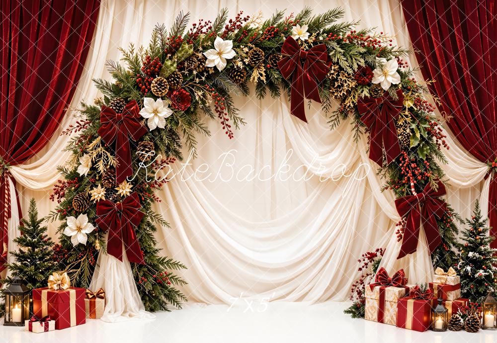Kate Christmas Floral Garland Arch Red White Drapes Gifts Printed Backdrop Designed by Emetselch