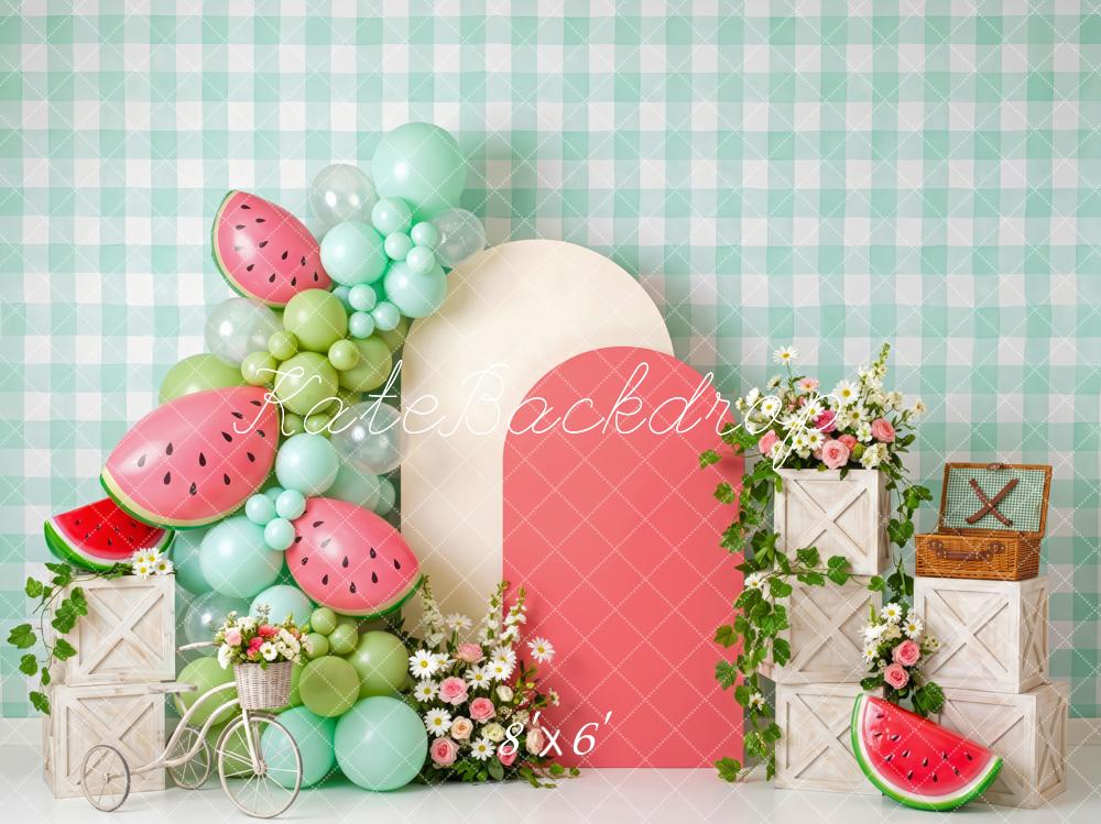 Kate Cake Smash Summer Mint Green Watermelon Balloon Arch Printed Backdrop Designed by Patty Roberts