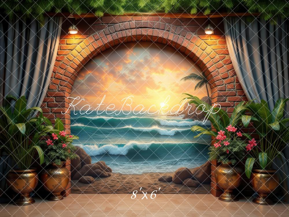 Kate Summer Brick Arch Beach Sunset Ocean Waves Printed Backdrop Designed by Laura Bybee