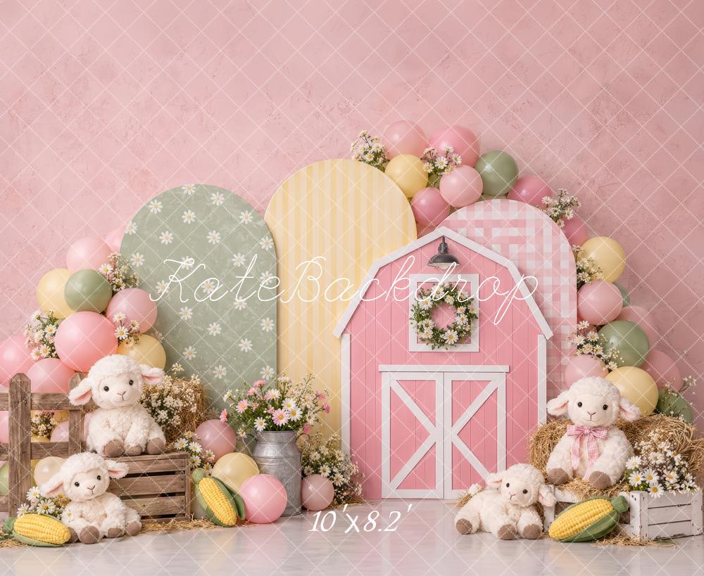 Kate Cake Smash Pink Barn Lambs Balloons Flowers Printed Backdrop Designed by Laura Bybee