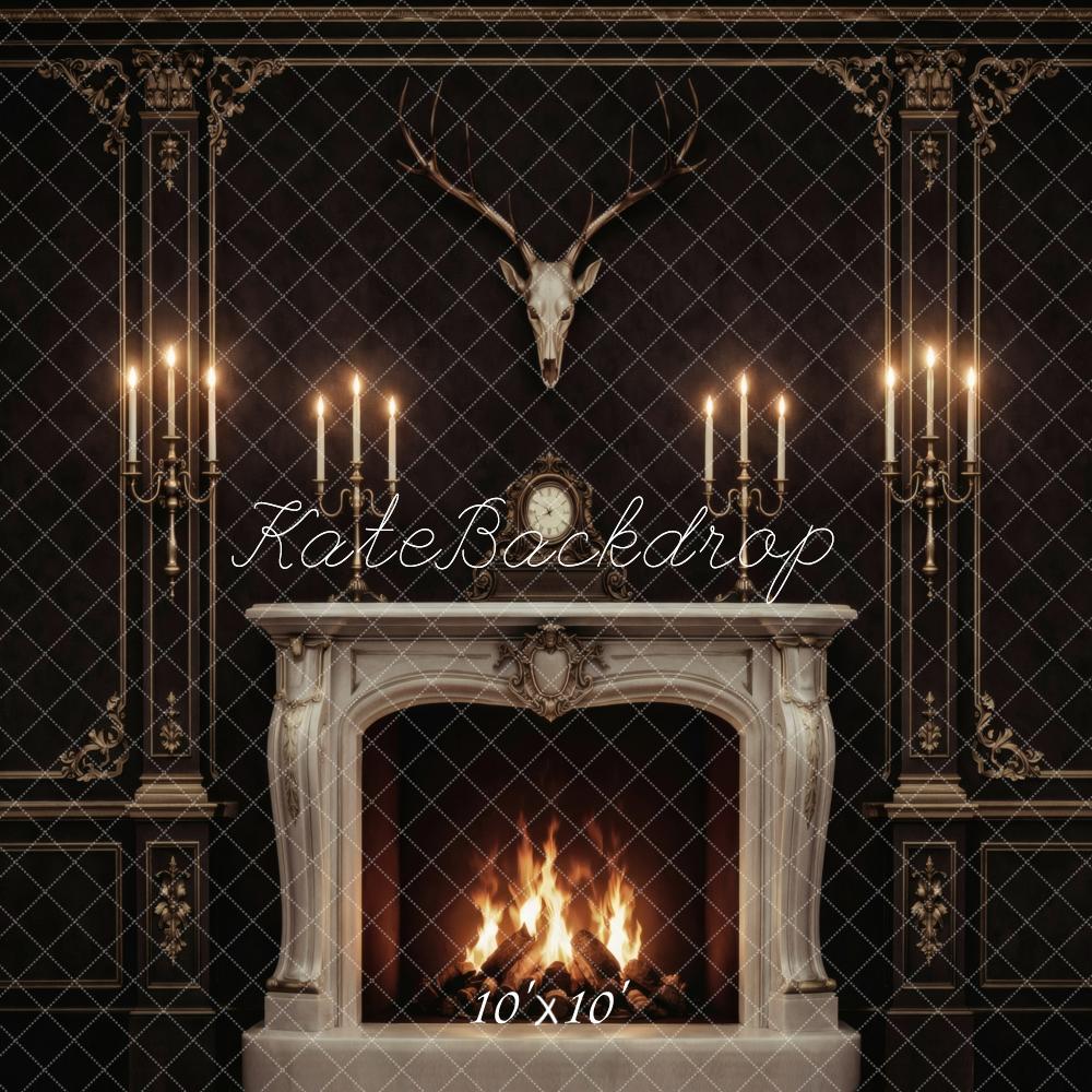 Kate Black Ornate Fireplace Candle Wall Antlers Printed Backdrop Designed by Vertigo Productions