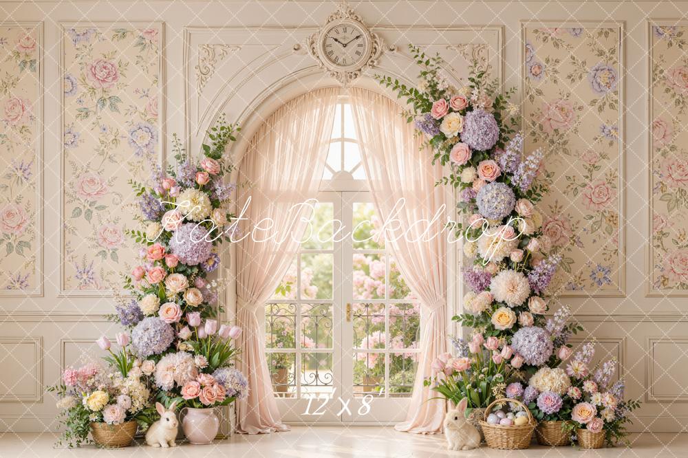 Kate Easter Spring Floral Arch Vintage Window Clock Bunny Printed Backdrop Designed by Emetselch