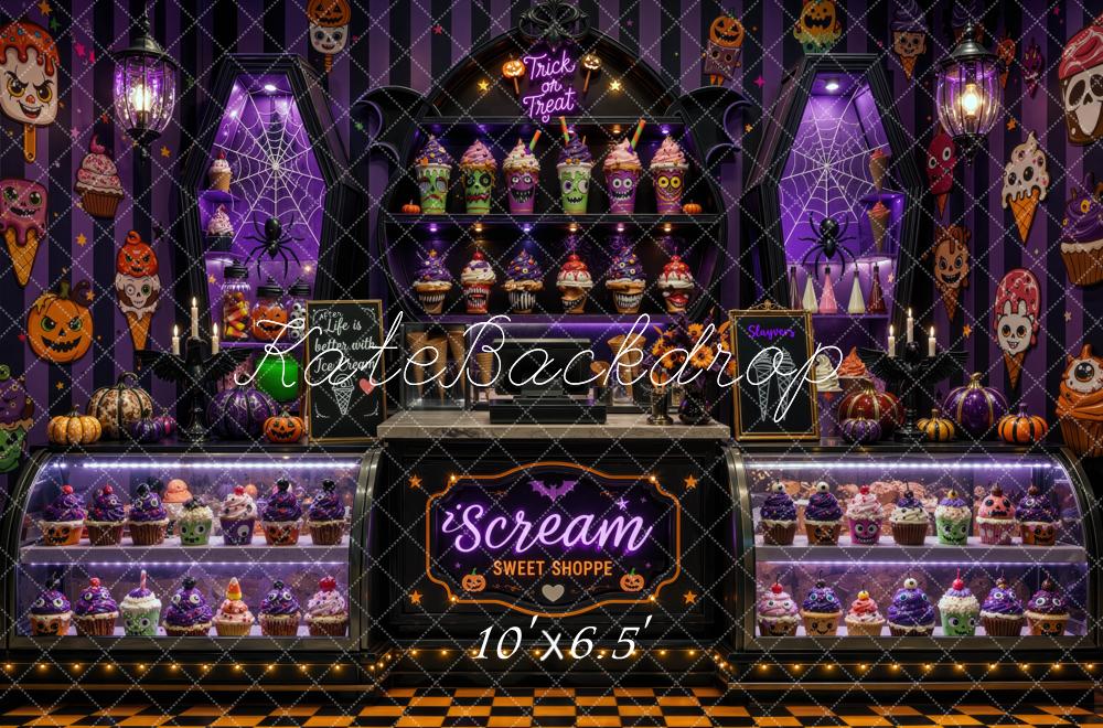 Kate Halloween Ice Cream Purple Shoppe Cupcakes Display Cabinet Printed Backdrop Designed by Mini MakeBelieve