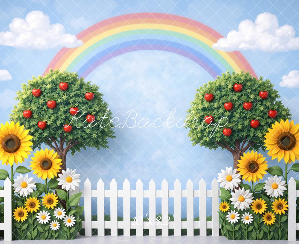 Kate Rainbow Apple Trees Sunflowers White Fence Printed Backdrop Designed by Mini MakeBelieve