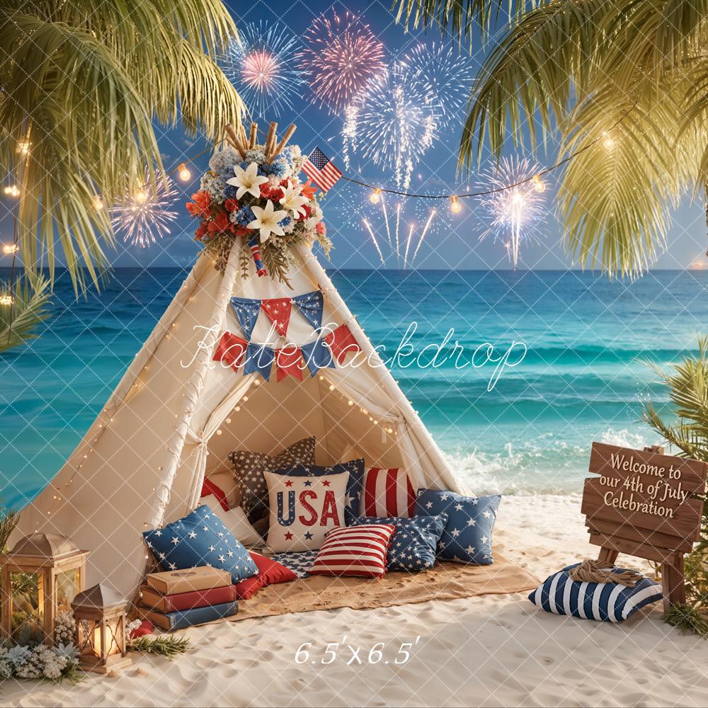 Kate Fourth of July Beach Tent Fireworks Printed Backdrop Designed by Emetselch