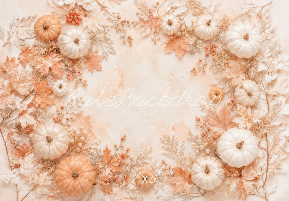 Kate Fall Pumpkins Maple Leaves Beige Printed Backdrop Designed by Megan Leigh Photography