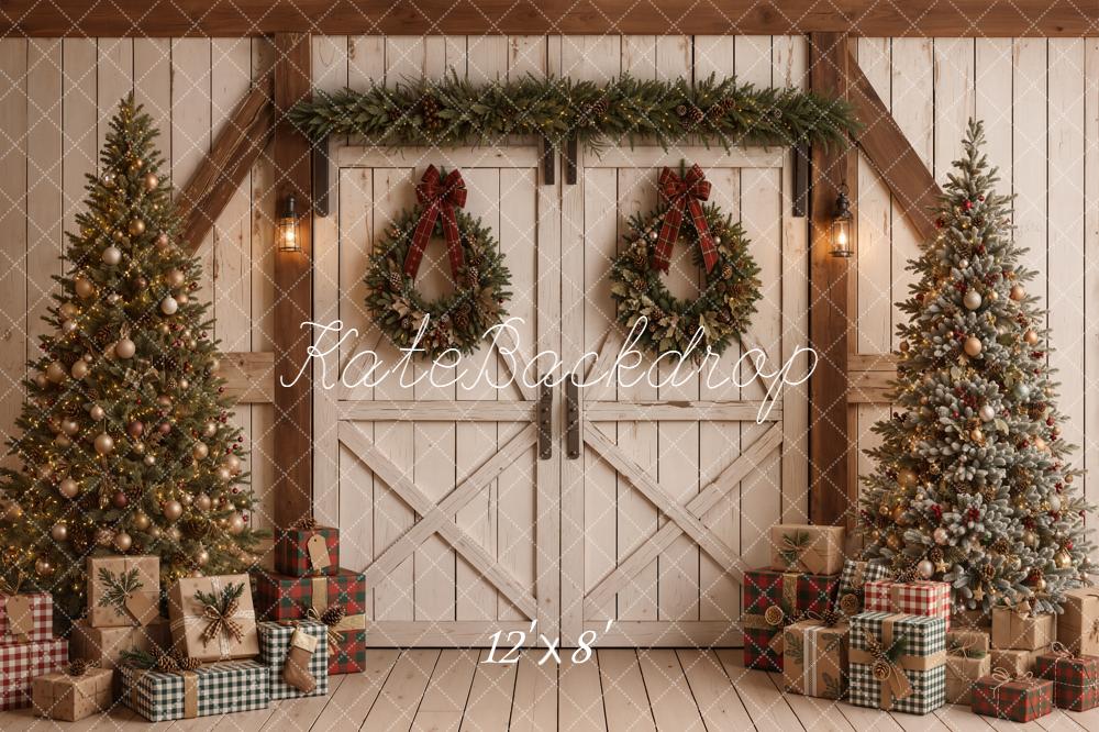Kate Christmas Barn Doors Trees Wreaths Presents Printed Backdrop Designed by Emetselch