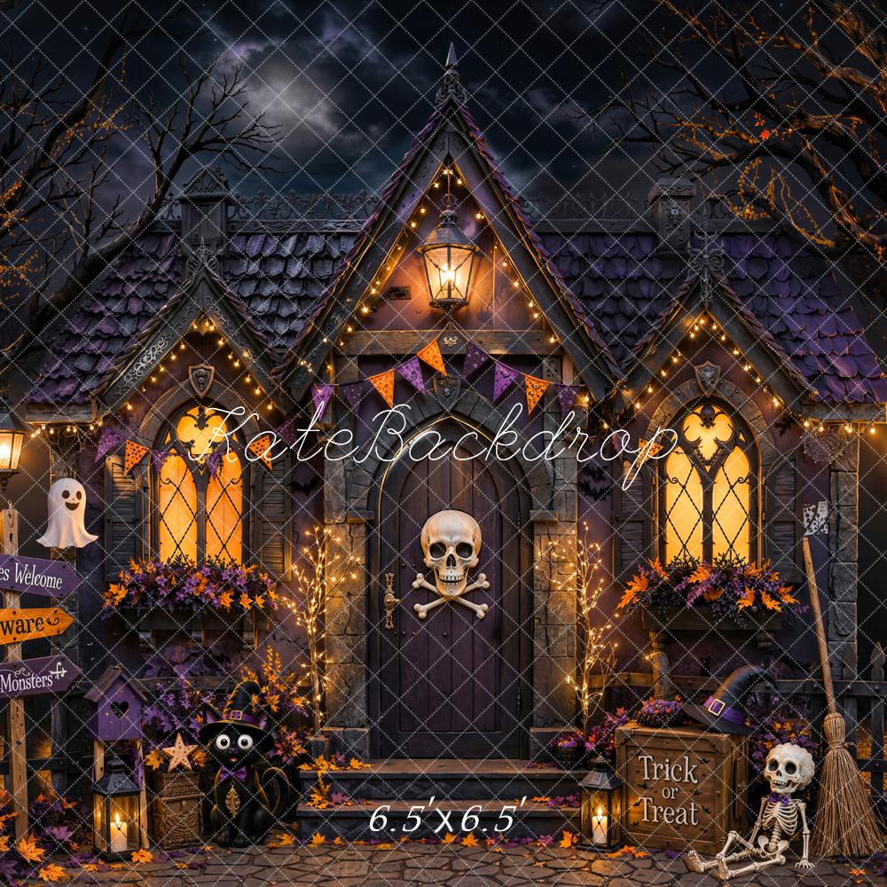 Kate Halloween Night Haunted House Skull Skeleton Doorway Printed Backdrop Designed by Chain Photography