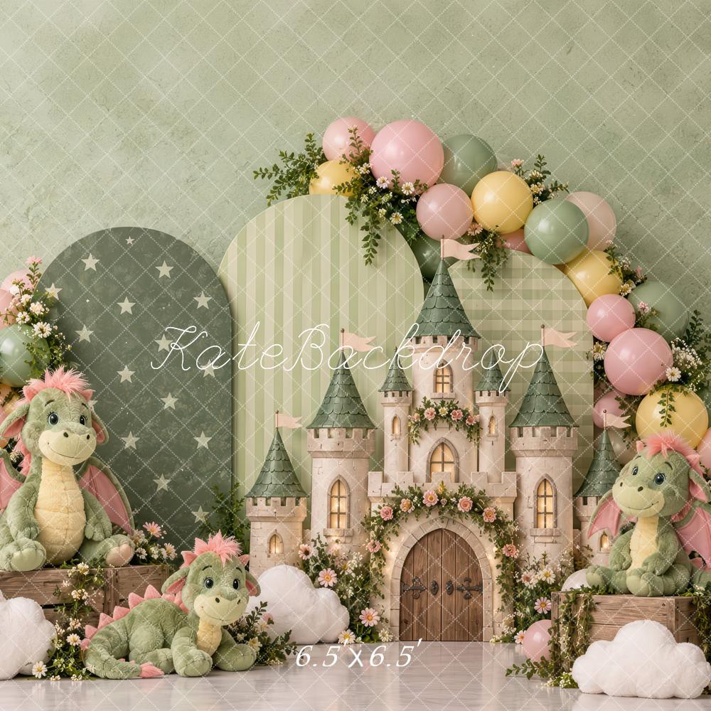 Kate Cake Smash Fantasy Green Arch Castle Dragons Flower Printed Backdrop Designed by Laura Bybee