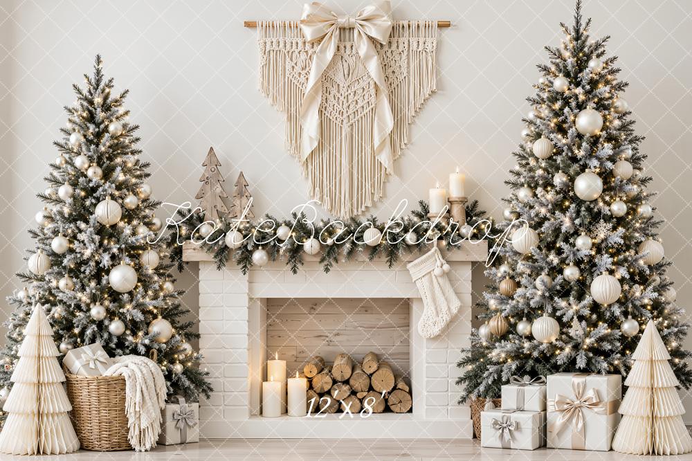 Kate Christmas Boho White Fireplace Trees Macrame Printed Backdrop Designed by Emetselch