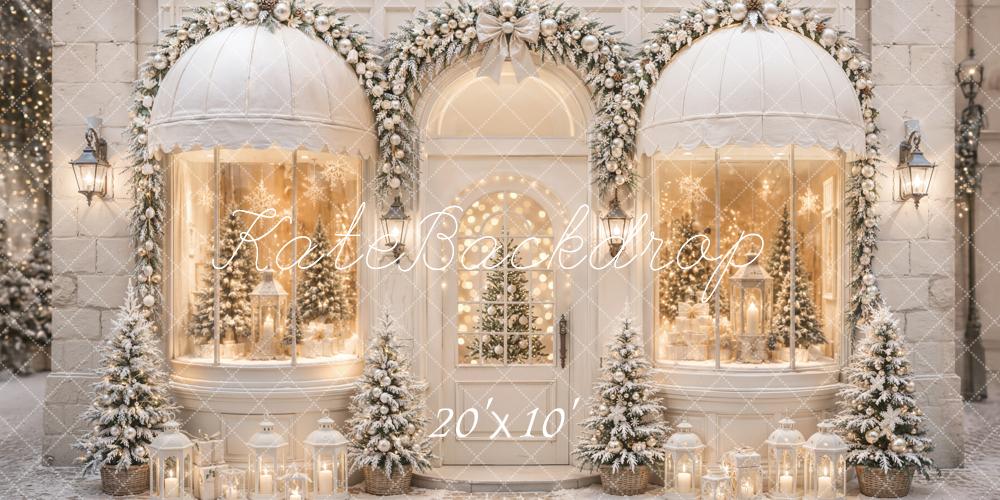 Kate Christmas Shop Arched Window Garland Snowy Trees Printed Backdrop Designed by Emetselch