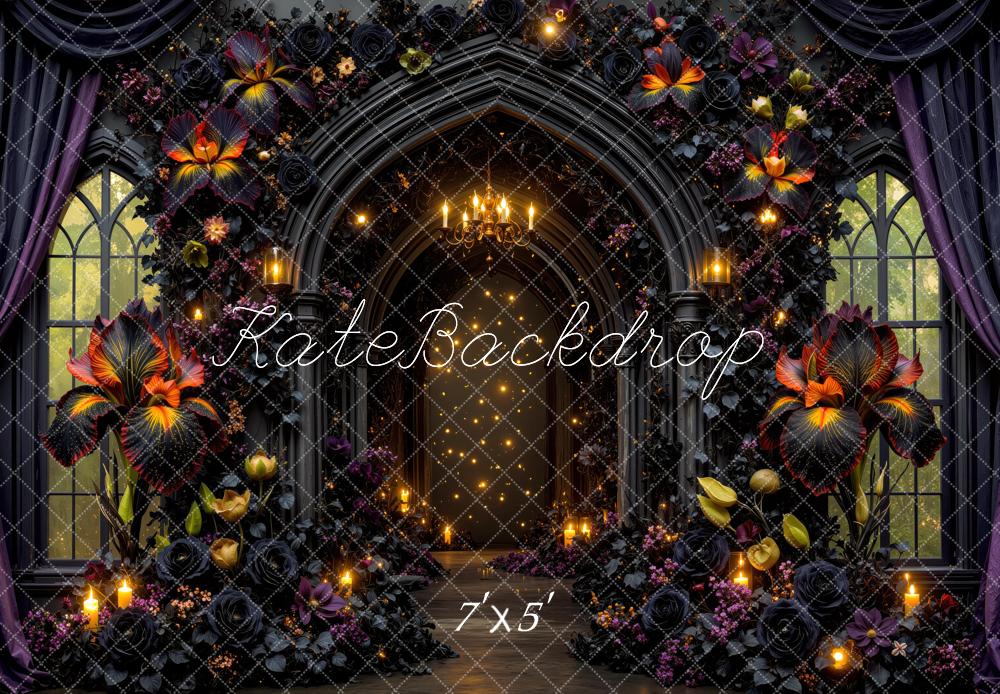 Kate Halloween Gothic Flower Arch Black Roses Chandelier Candles Printed Backdrop Designed by Mini MakeBelieve