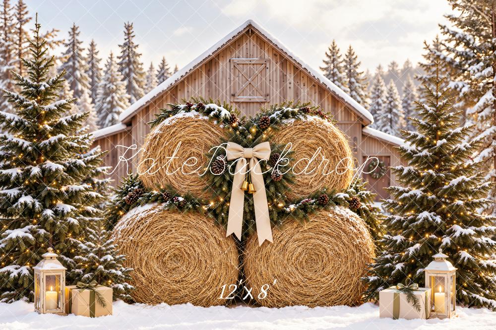 Kate Christmas Hay Bales Snowy Barn Pine Trees Bow Printed Backdrop Designed by Emetselch